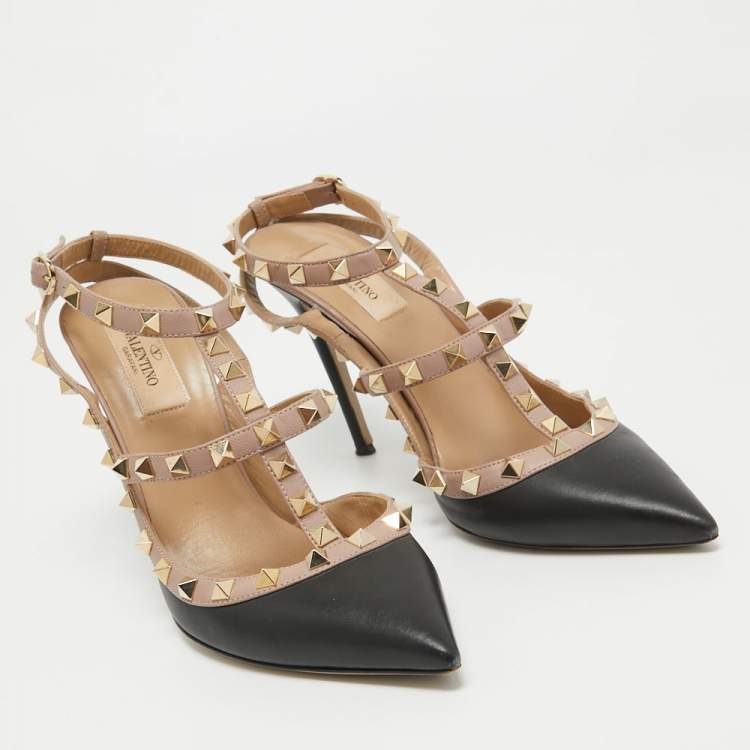 Pre Owned Valentino Black/Dusty Pink Leather Rockstud Ankle Strap Pumps Size 39.5