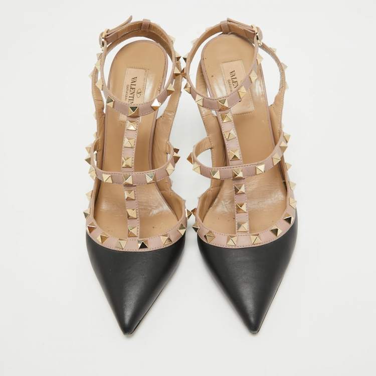Pre Owned Valentino Black/Dusty Pink Leather Rockstud Ankle Strap Pumps Size 39.5
