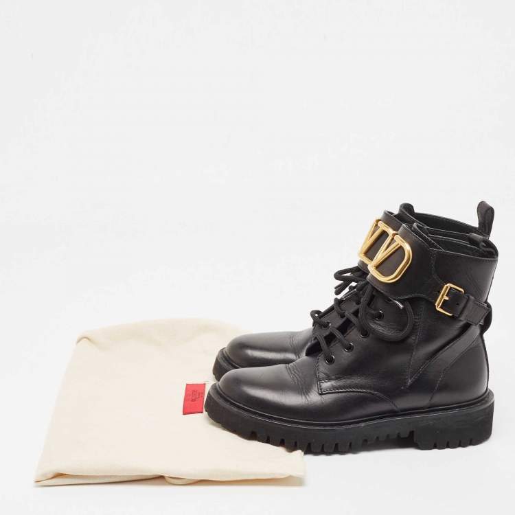 Pre Owned Valentino Black Leather Vlogo Signature  Ankle Boots Size 37