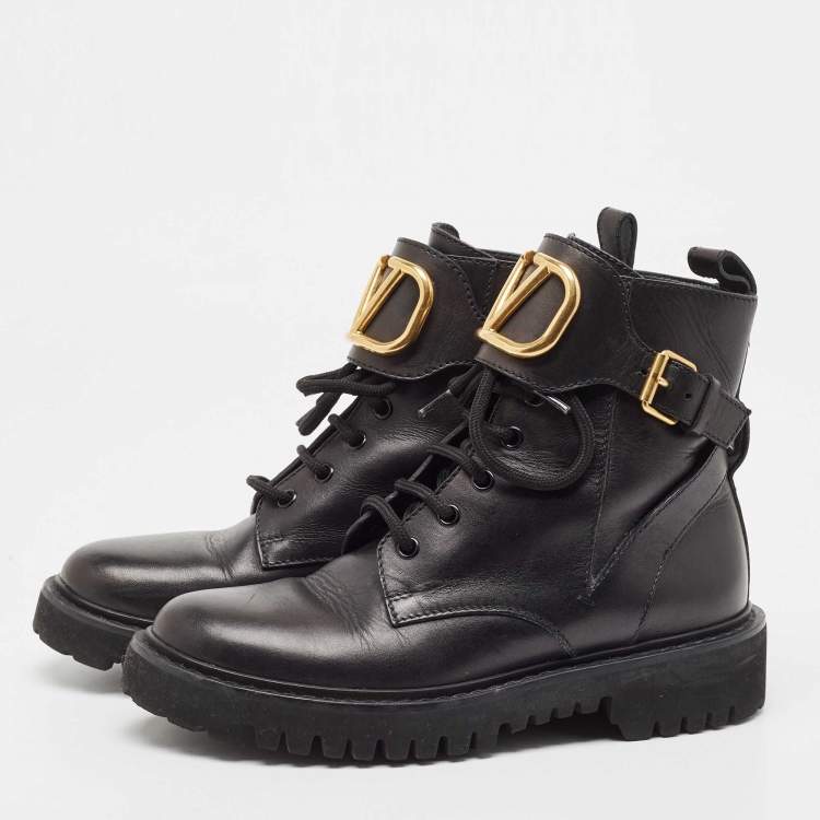 Pre Owned Valentino Black Leather Vlogo Signature  Ankle Boots Size 37