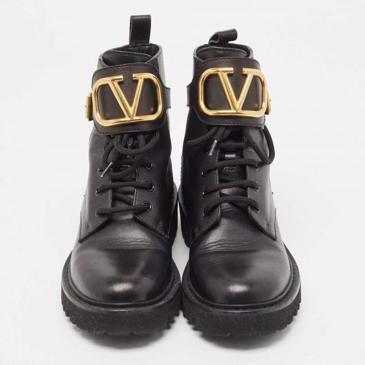 Pre Owned Valentino Black Leather Vlogo Signature  Ankle Boots Size 37