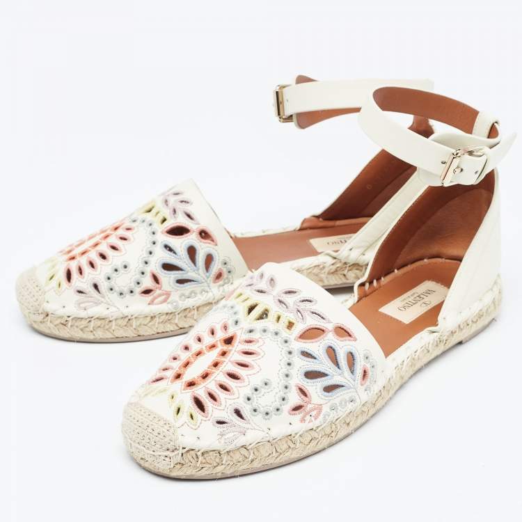 Pre Owned Valentino Cream  Embroidered Leather Ankle Strap Espadrille Flats Size 37