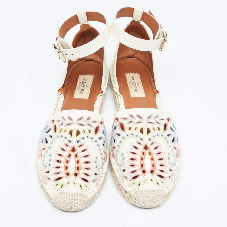 Pre Owned Valentino Cream  Embroidered Leather Ankle Strap Espadrille Flats Size 37