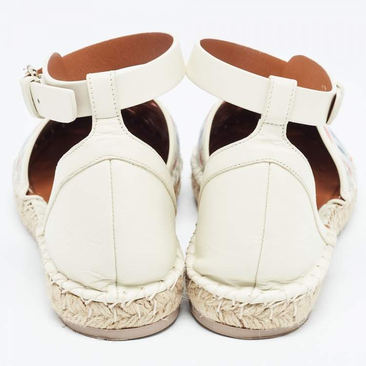 Pre Owned Valentino Cream  Embroidered Leather Ankle Strap Espadrille Flats Size 37