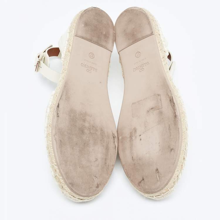 Pre Owned Valentino Cream  Embroidered Leather Ankle Strap Espadrille Flats Size 37