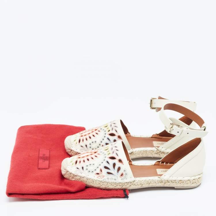 Pre Owned Valentino Cream  Embroidered Leather Ankle Strap Espadrille Flats Size 37
