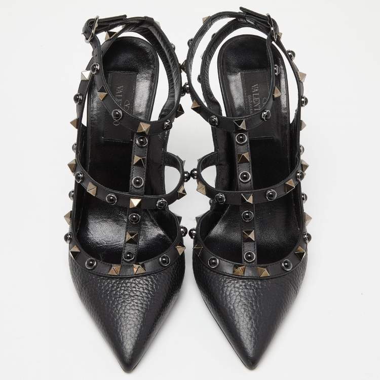Pre Owned Valentino Black Leather Rockstud Strappy Pointed Toe Pumps Size 37.5