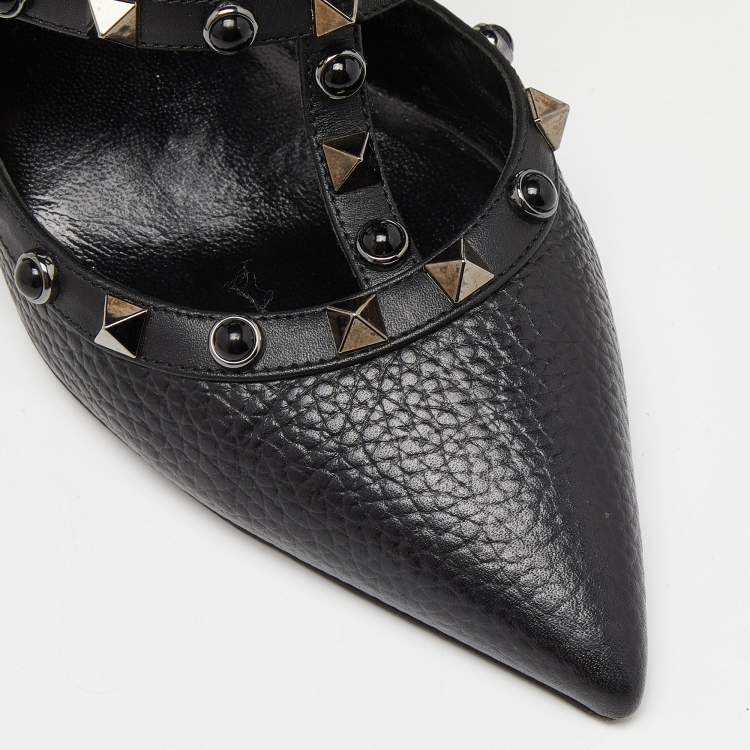 Pre Owned Valentino Black Leather Rockstud Strappy Pointed Toe Pumps Size 37.5