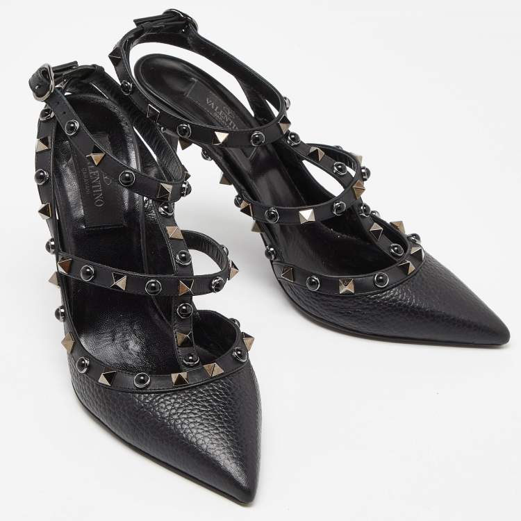 Pre Owned Valentino Black Leather Rockstud Strappy Pointed Toe Pumps Size 37.5