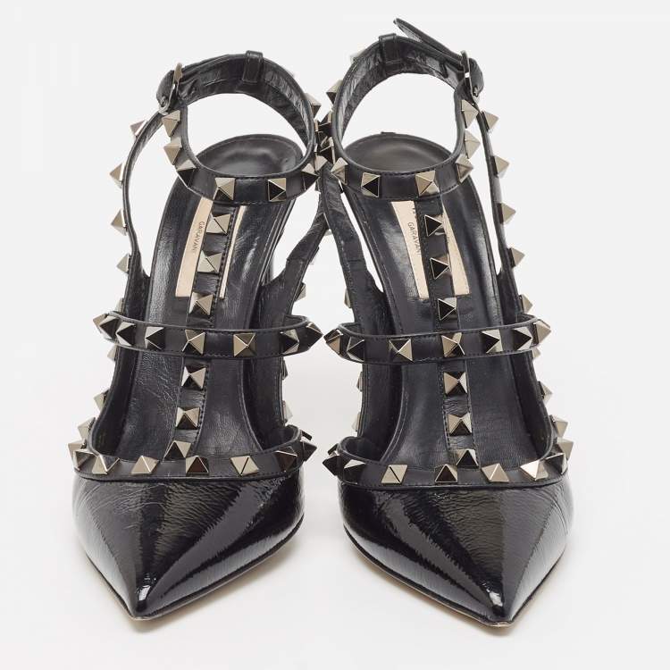 Pre Owned Valentino Black Leather Rockstud Slingback Pumps Size 37  