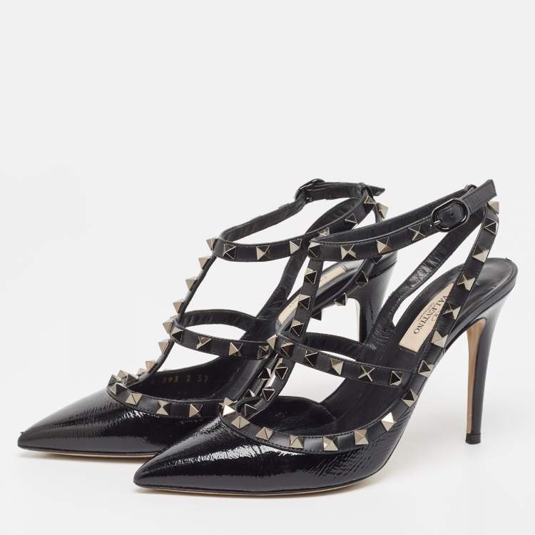 Pre Owned Valentino Black Leather Rockstud Slingback Pumps Size 37  