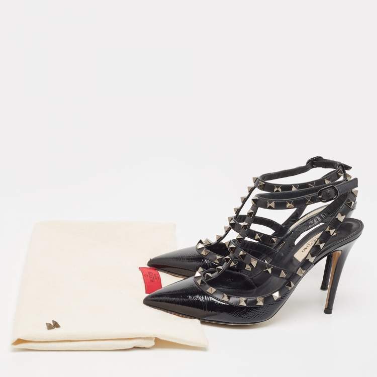 Pre Owned Valentino Black Leather Rockstud Slingback Pumps Size 37  