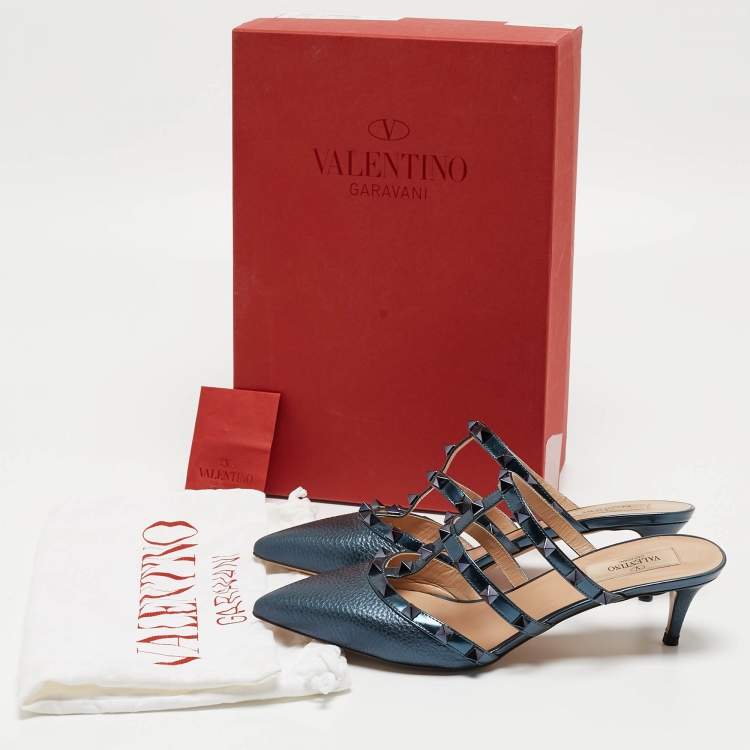 Pre Owned Valentino Metallic Blue Leather Rockstud Mules Size 38