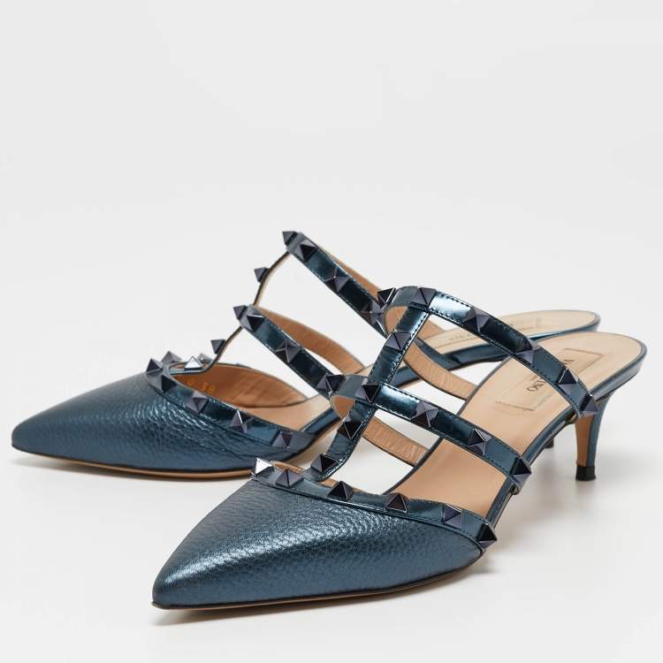 Pre Owned Valentino Metallic Blue Leather Rockstud Mules Size 38