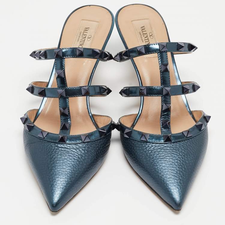 Pre Owned Valentino Metallic Blue Leather Rockstud Mules Size 38
