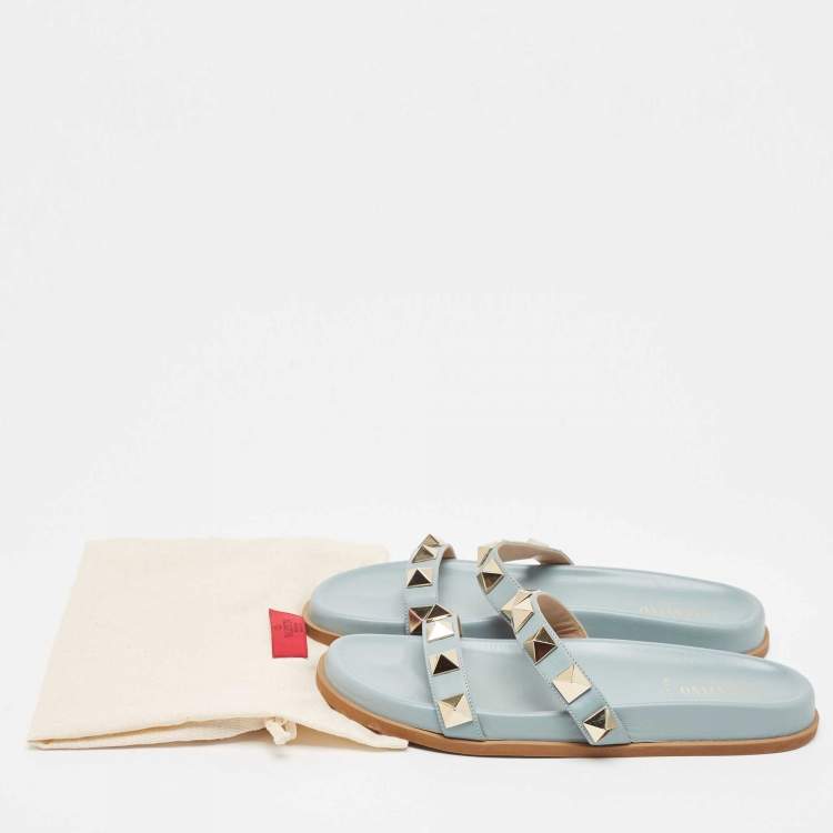 Pre Owned Valentino Grey Leather Roman Stud Flat Slides Size 39.5