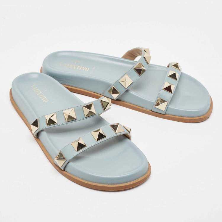 Pre Owned Valentino Grey Leather Roman Stud Flat Slides Size 39.5