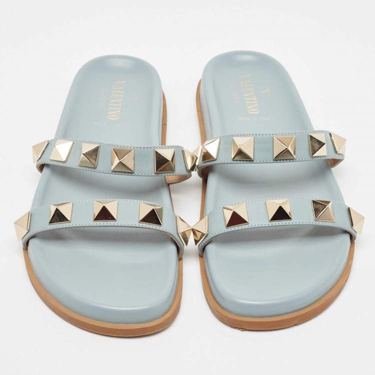 Pre Owned Valentino Grey Leather Roman Stud Flat Slides Size 39.5