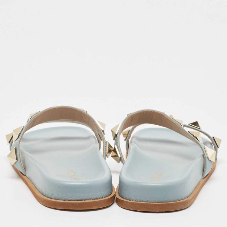 Pre Owned Valentino Grey Leather Roman Stud Flat Slides Size 39.5