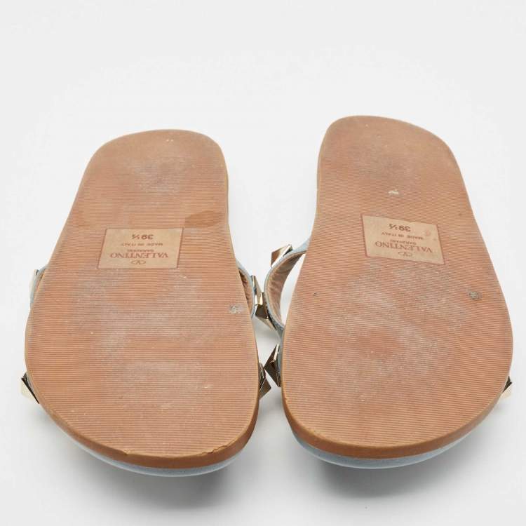 Pre Owned Valentino Grey Leather Roman Stud Flat Slides Size 39.5
