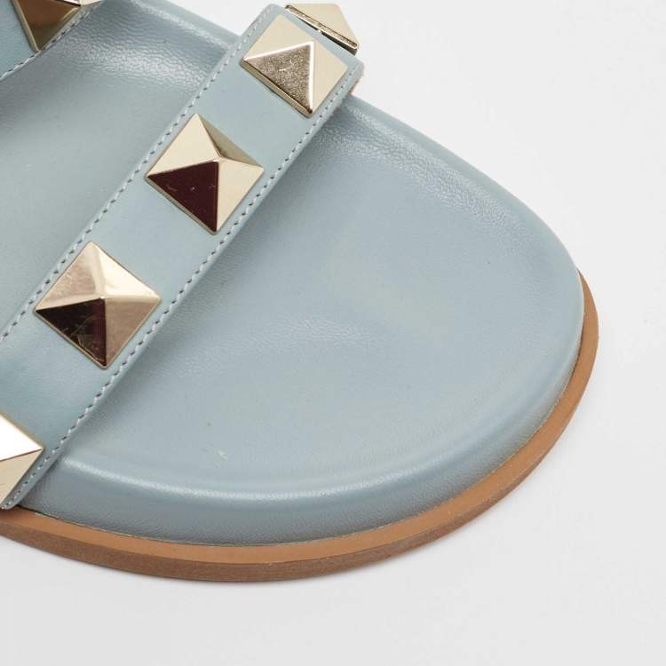 Pre Owned Valentino Grey Leather Roman Stud Flat Slides Size 39.5