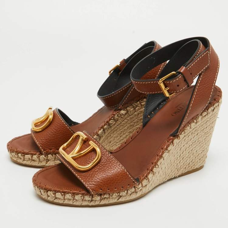 Pre Owned Valentino Brown Leather Escape V logo Espadrille Wedge Ankle Wrap Sandals Size 40