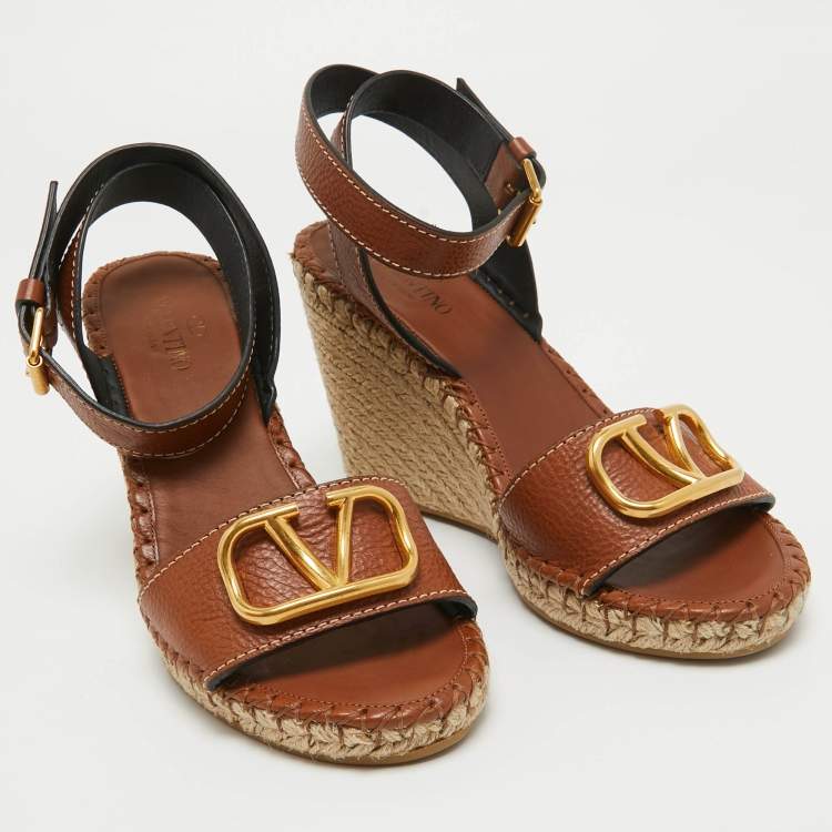 Pre Owned Valentino Brown Leather Escape V logo Espadrille Wedge Ankle Wrap Sandals Size 40
