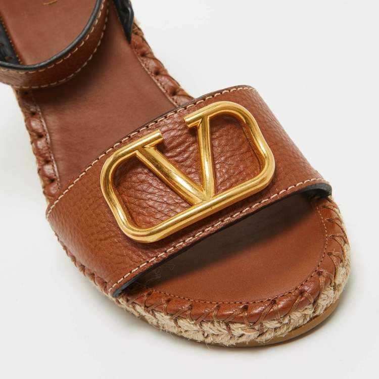 Pre Owned Valentino Brown Leather Escape V logo Espadrille Wedge Ankle Wrap Sandals Size 40