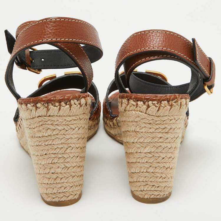 Pre Owned Valentino Brown Leather Escape V logo Espadrille Wedge Ankle Wrap Sandals Size 40