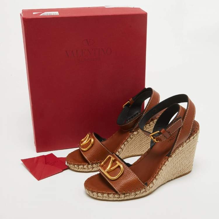Pre Owned Valentino Brown Leather Escape V logo Espadrille Wedge Ankle Wrap Sandals Size 40