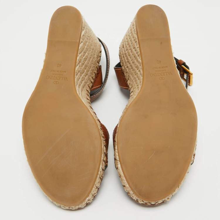 Pre Owned Valentino Brown Leather Escape V logo Espadrille Wedge Ankle Wrap Sandals Size 40