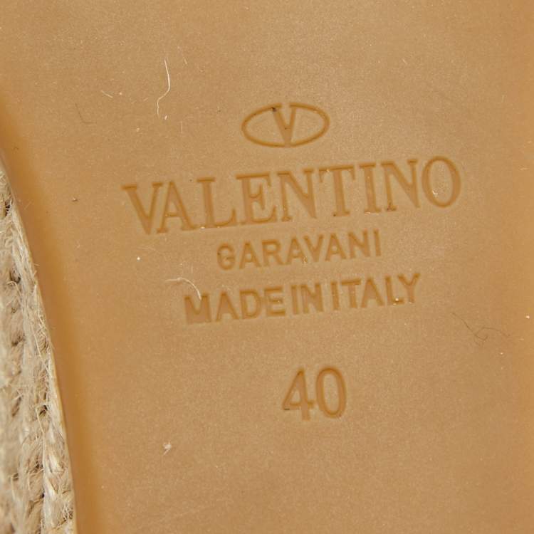 Pre Owned Valentino Brown Leather Escape V logo Espadrille Wedge Ankle Wrap Sandals Size 40