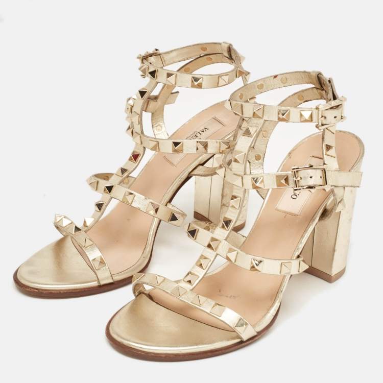Pre Owned Valentino Metallic Gold Leather Rockstud Strappy Block Heel Sandals Size 37