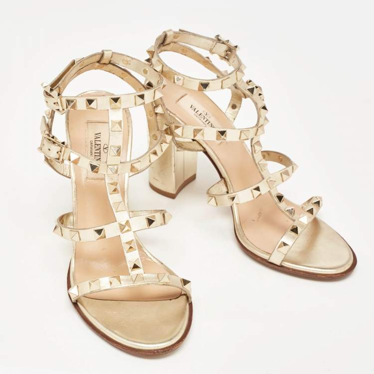 Pre Owned Valentino Metallic Gold Leather Rockstud Strappy Block Heel Sandals Size 37