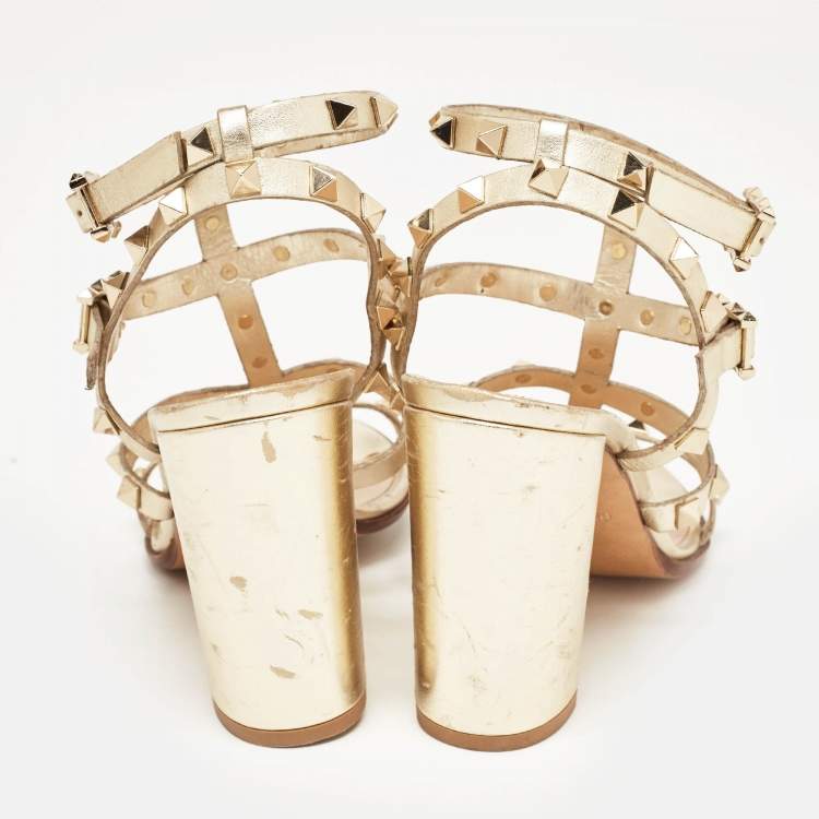 Pre Owned Valentino Metallic Gold Leather Rockstud Strappy Block Heel Sandals Size 37