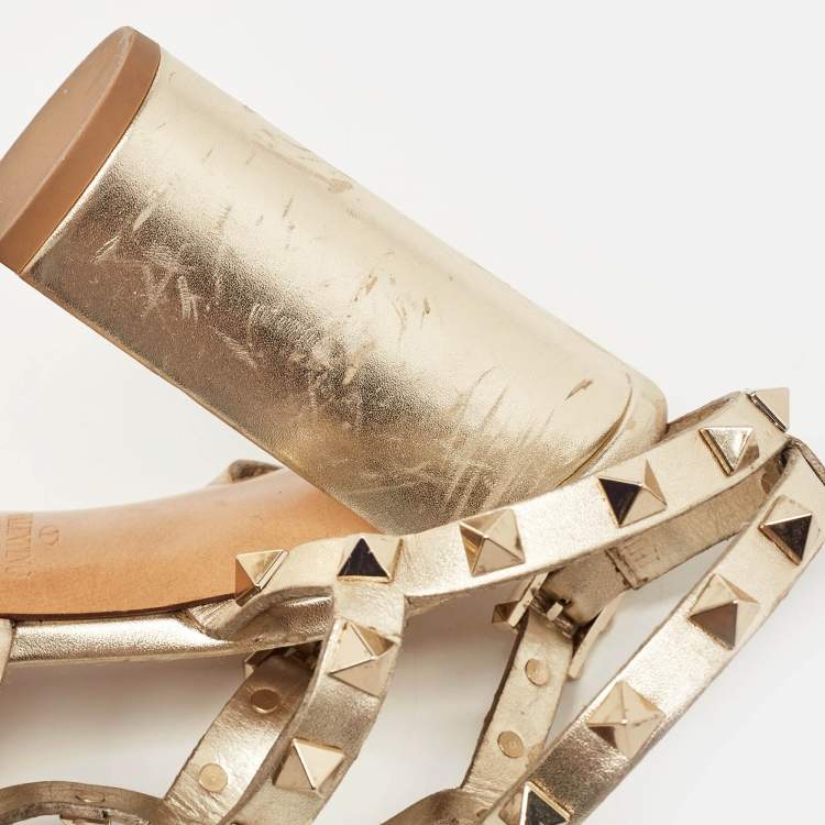 Pre Owned Valentino Metallic Gold Leather Rockstud Strappy Block Heel Sandals Size 37