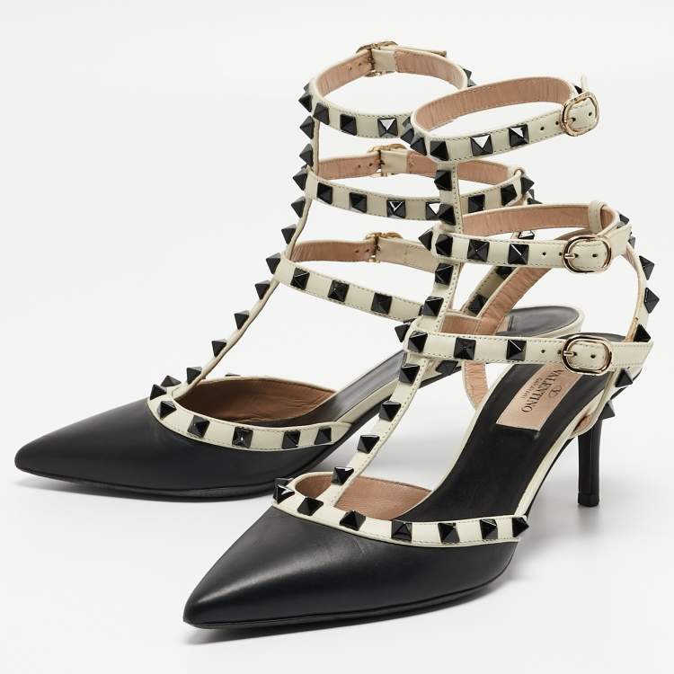 Pre Owned Valentino Black/White Leather Rockstud  Ankle Strap Pumps Size 37.5 