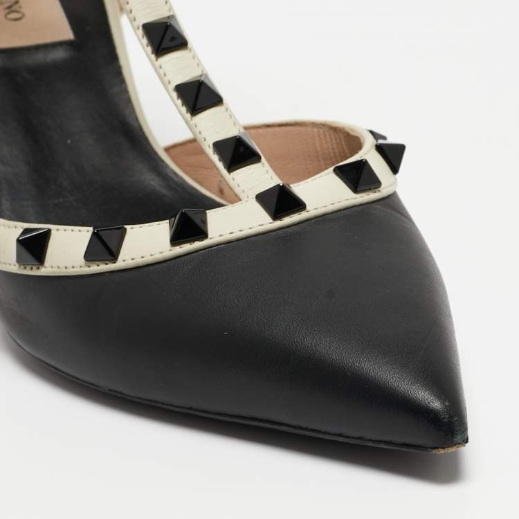 Pre Owned Valentino Black/White Leather Rockstud  Ankle Strap Pumps Size 37.5 