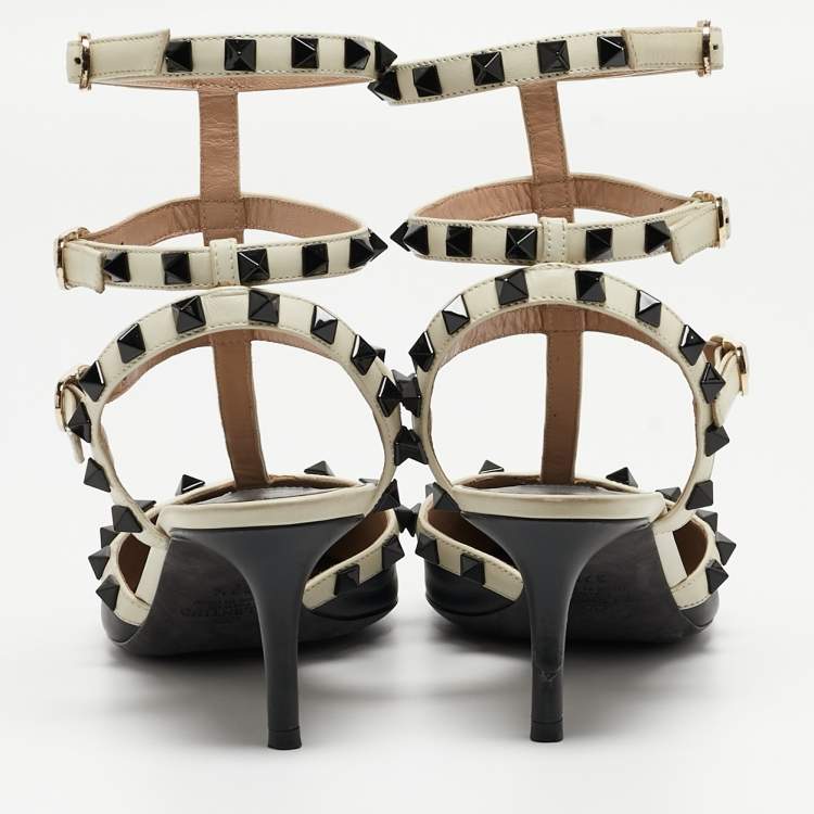 Pre Owned Valentino Black/White Leather Rockstud  Ankle Strap Pumps Size 37.5 