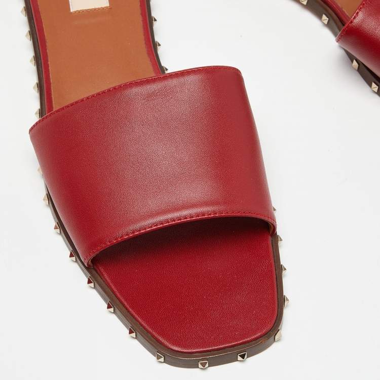 Pre Owned Valentino Red Leather Soul Rockstud Flat Slides Size 41