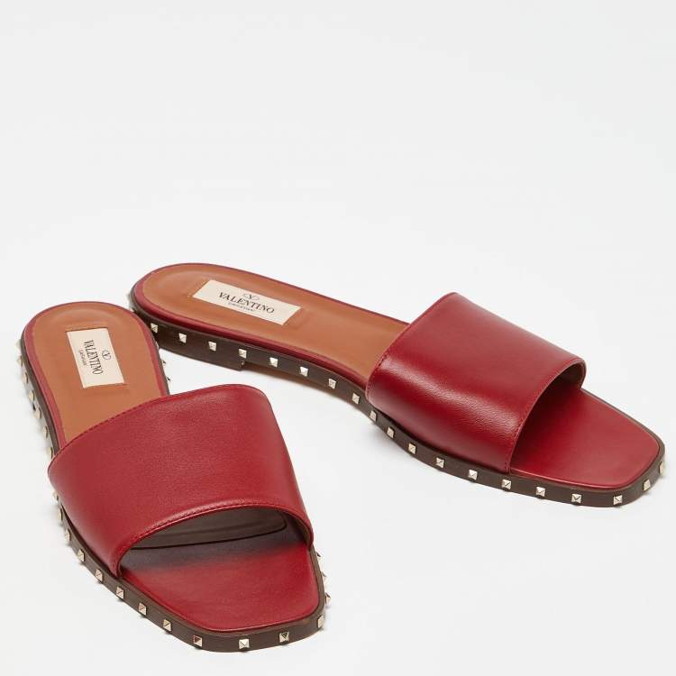 Pre Owned Valentino Red Leather Soul Rockstud Flat Slides Size 41