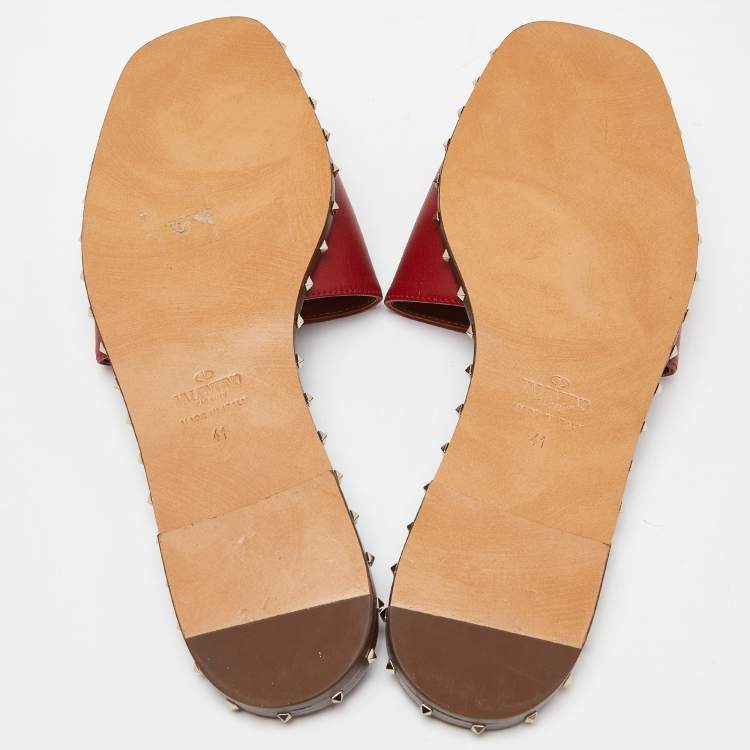 Pre Owned Valentino Red Leather Soul Rockstud Flat Slides Size 41