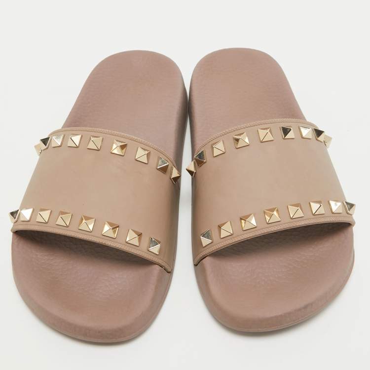Pre Owned Valentino Dusty Pink Rubber Rockstud Slides Size 36