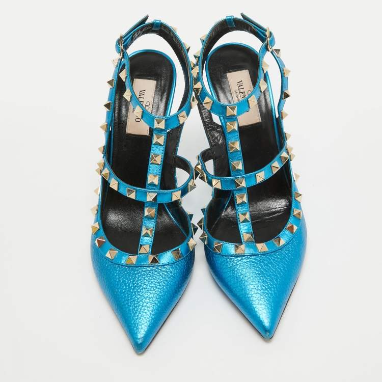 Pre Owned Valentino Metallic Blue Leather Rockstud Ankle Strap Pumps Size 39.5