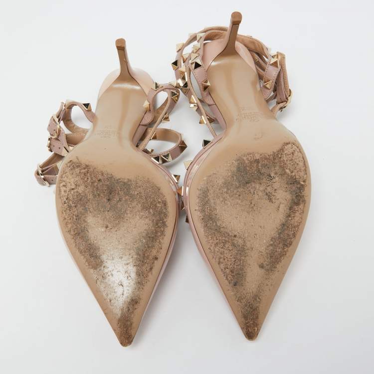 Pre Owned Valentino Pink Patent Leather Rockstud Caged Ankle Strap Pumps Size 38.5