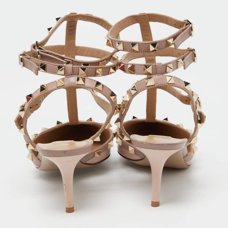 Pre Owned Valentino Pink Patent Leather Rockstud Caged Ankle Strap Pumps Size 38.5