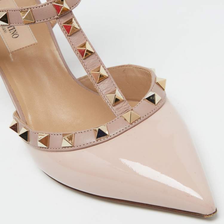 Pre Owned Valentino Pink Patent Leather Rockstud Caged Ankle Strap Pumps Size 38.5