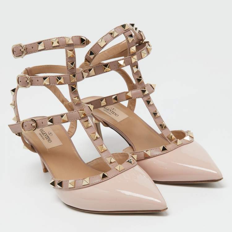 Pre Owned Valentino Pink Patent Leather Rockstud Caged Ankle Strap Pumps Size 38.5