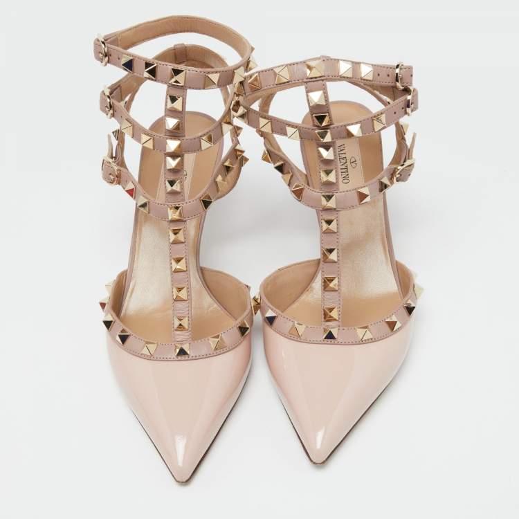 Pre Owned Valentino Pink Patent Leather Rockstud Caged Ankle Strap Pumps Size 38.5