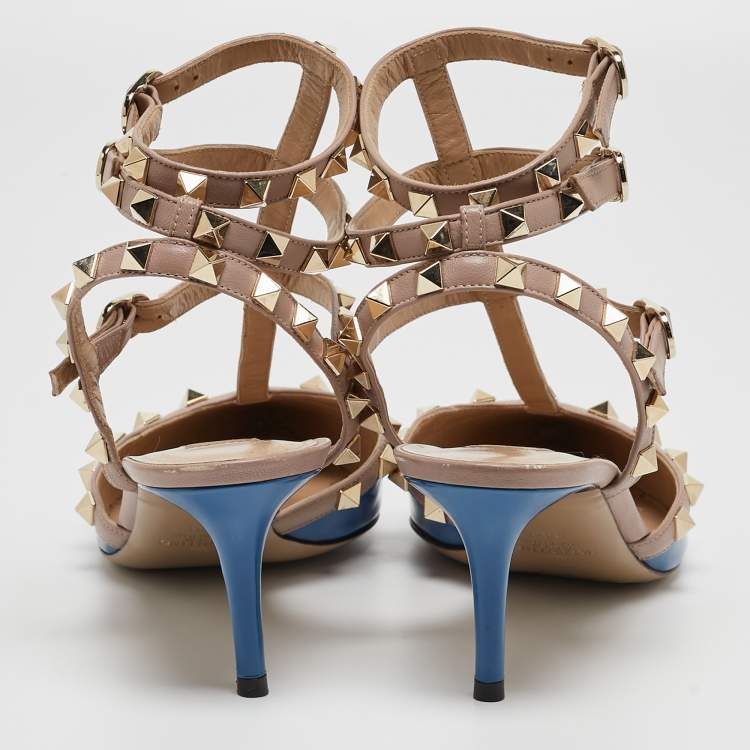 Pre Owned Valentino Blue Patent Leather Rockstud Ankle Strap Pumps Size 38.5